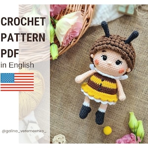 Crochet bee pattern. Amigurumi bee pattern. Crocheted baby bee pattern. PDF crochet pattern. Crochet doll. Crochet bumblebee.