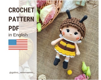 Crochet bee pattern. Amigurumi bee pattern. Crocheted baby bee pattern. PDF crochet pattern. Crochet doll. Crochet bumblebee.