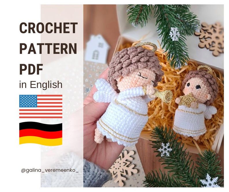 May include: Crochet pattern PDF in English for making two adorable angel ornaments. The angels are white with gold trim and have brown hair. The pattern includes instructions for making the angels with a trumpet and a star.