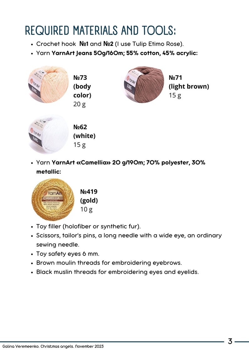 May include: A close-up of yarn balls in various colors, including beige, brown, white, and gold. The yarn is labeled with numbers and descriptions, such as "body color", "light brown", "white", and "gold". The image also includes a list of materials and tools needed for a craft project, such as crochet hooks, toy filler, and sewing needles.