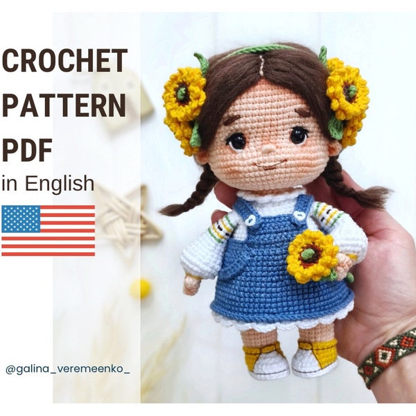 Gehaakt poppenpatroon | Сrochet-pop | Amigurumi pop PDF Engels patroon. Amigurumi patroon... Сrochet meisje. Gehaakte zonnebloem