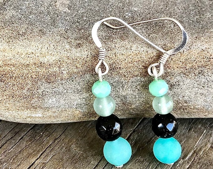 Onyx Aventurine Amazonite Silver & Quartz Crystal Earrings - 1.5 inch