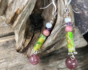 Rhodochrosite Quartz Crystal Snakeskin Jasper & Lepidolite Earrings, Boho Wife 30th Birthday Gift for Girlfriend, Handmade Statement Jewelry