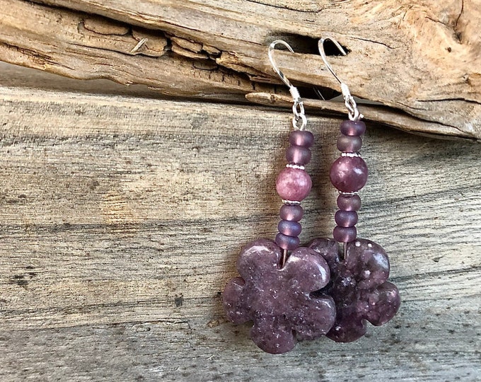 Lepidolite Earrings, Boho Purple Floral Drop Lilac Stone Earrings - 2 inch