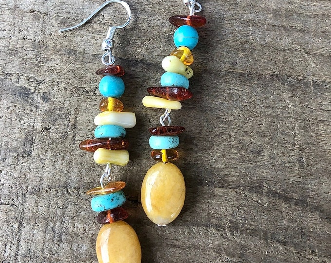 Turquoise Jade & Citrine Earrings - 2.75 inch