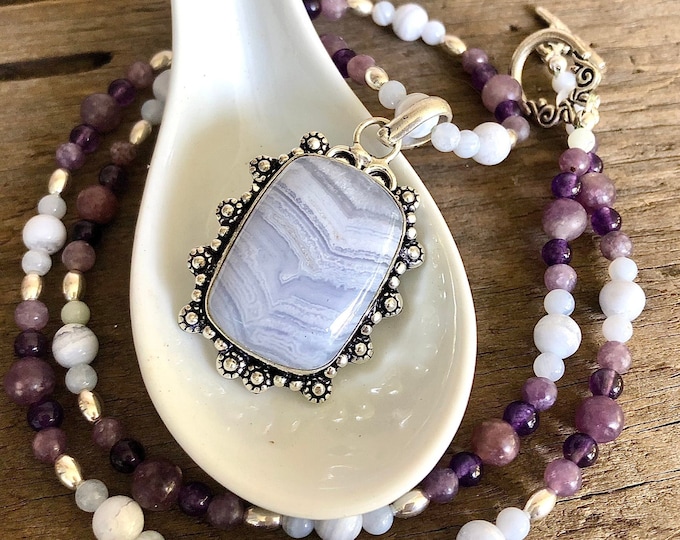 Blue Lace Agate Amethyst & Lepidolite Necklace