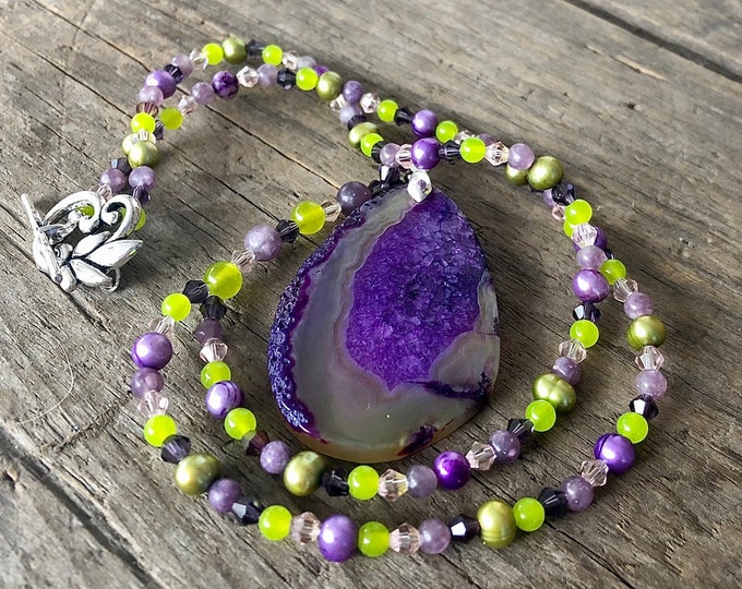 Purple Dragon Veins Agate Lepidolite Freshwater Pearl & Peridot Necklace - 26 inch