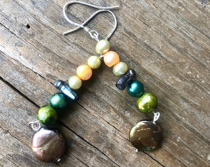 Green Shades Freshwater Pearl Earrings - 3 inch