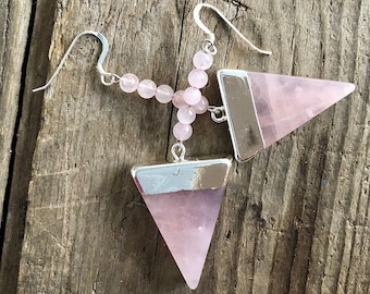 Rose Quartz Drop Earrings, Boho Pink Quartz Statement Earrings, 30th Birthday Gift for Wife, Healing Crystal Gemstone Heart Chakra Jewelry