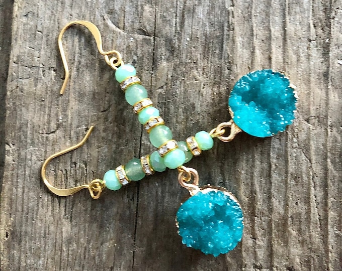 Agate Druzy Crystal Drop Earrings - 2.25 inch