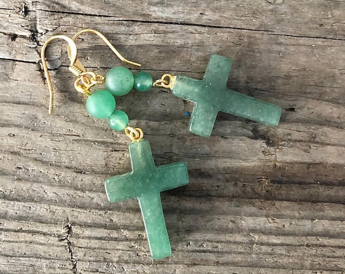 Green Aventurine Cross Earrings - 1.75 inch