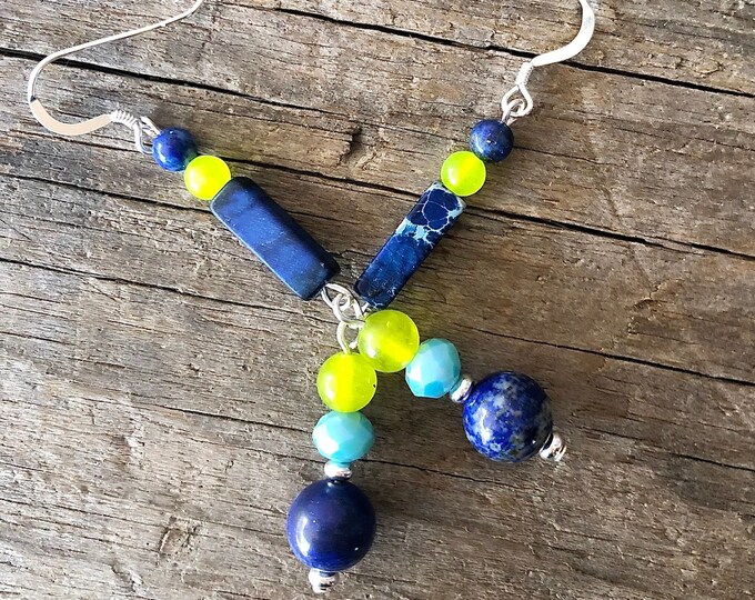 Lapis Lazuli Peridot Jasper & Quartz Crystal Earrings - 2.5 inch