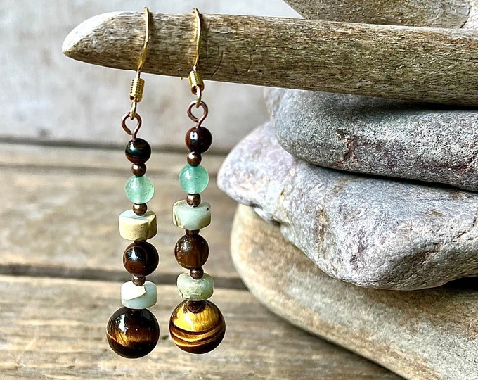 Tiger Eye, Jasper, Aventurine & Copper Earrings