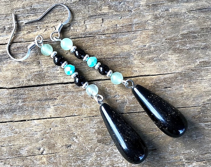 Onyx, Aventurine, Silver & Quartz Crystal Earrings