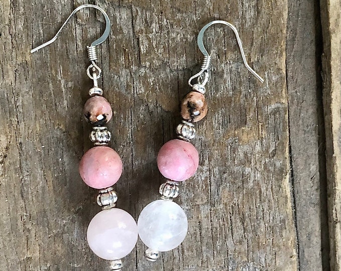 Rhodonite Rhodochrosite & Rose Quartz Earrings - 2 inch