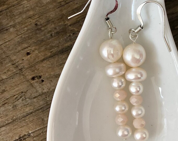 White Freshwater Pearl & Quartz Crystal Dangle Earrings - 2 inch