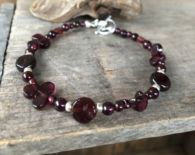 Deep Red Garnet & Silver Gemstone Bracelet
