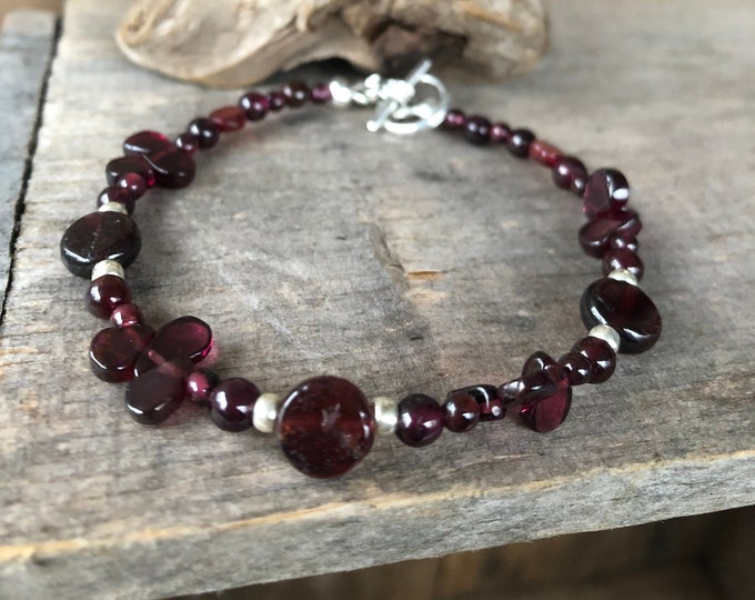 Deep Red Garnet & Silver Gemstone Bracelet - 8 inch*