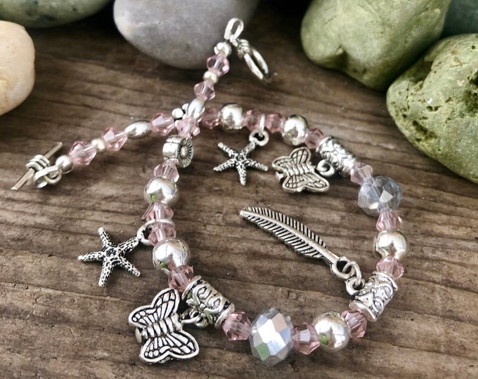 Peach Crystal Bracelet with Silver Charms