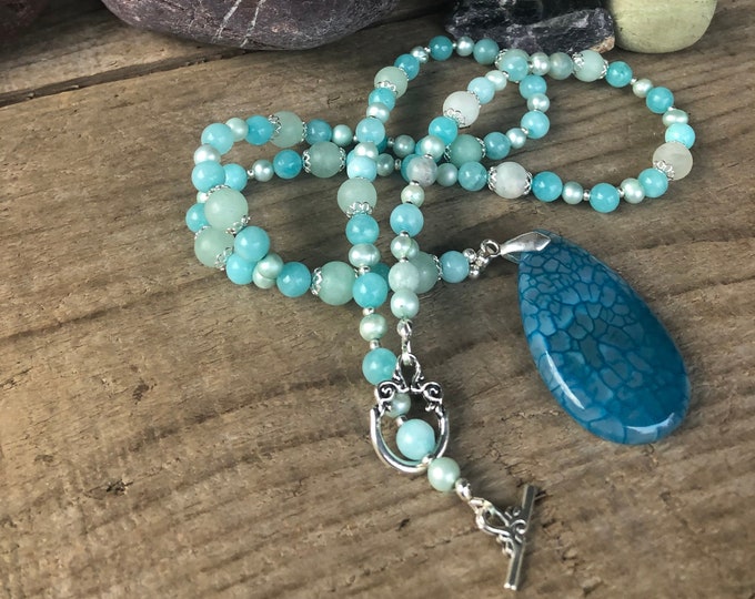 Amazonite, Freshwater Pearl & Dragon Veins Agate Necklace