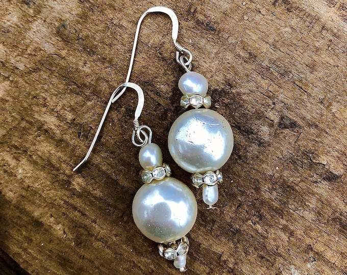 White Freshwater Pearl & Crystal Earrings - 1.5 inch