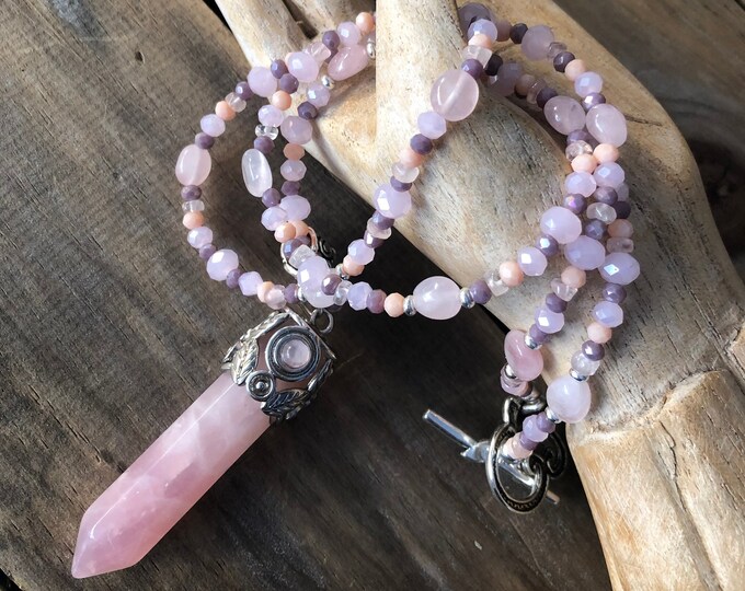 Rose Quartz Silver & Quartz Crystal Amulet Necklace - 28 inch