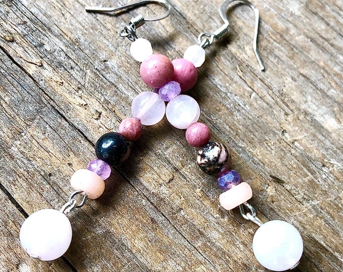 Pink Rhodonite & Rose Quartz Earrings - 2 inch