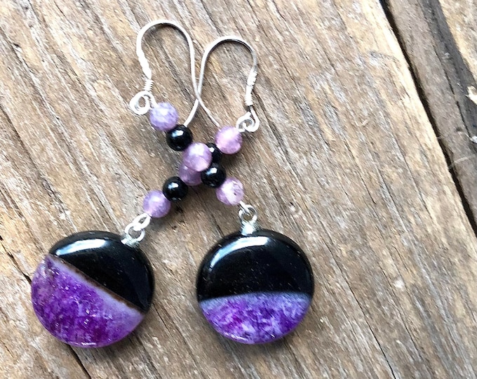 Onyx Lepidolite & Agate Druzy Earrings - 2.5 inch