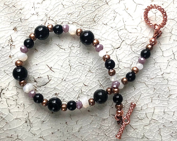 Black Onyx, Agate, Copper & Quartz Crystal Bracelet