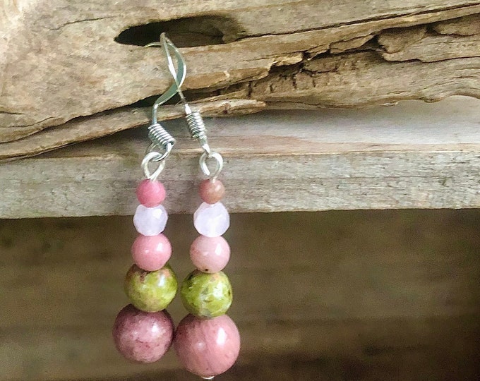 Unakite Rhodochrosite & Rose Quartz Earrings - 1.75 inch