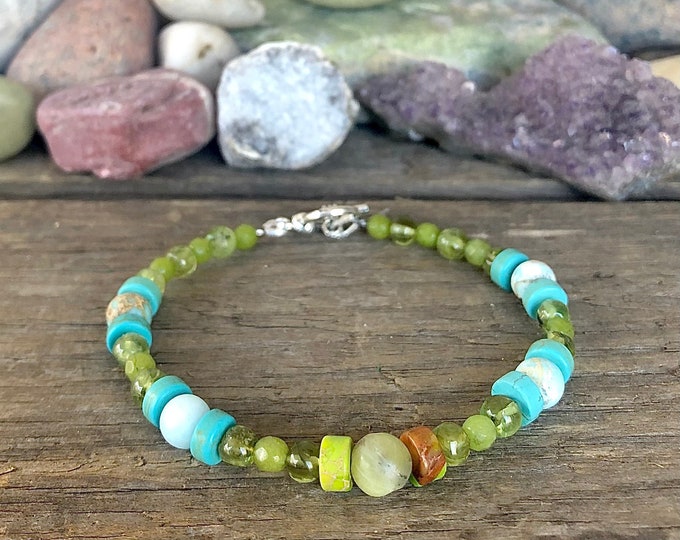 Blue Jasper Jade Peridot & Turquoise  Bracelet - 8 inch*