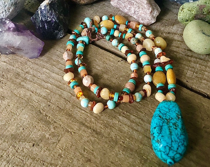 Turquoise Topaz Jade Jasper & Coral Necklace, Boho Handmade Necklace, 40th Birthday Gift for Girlfriend, Healing Crystal Chakra Jewelry