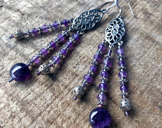 Amethyst Silver Chandelier Earrings: Boho Birthstone Jewelry, 30th Birthday or 6th Anniversary Gift