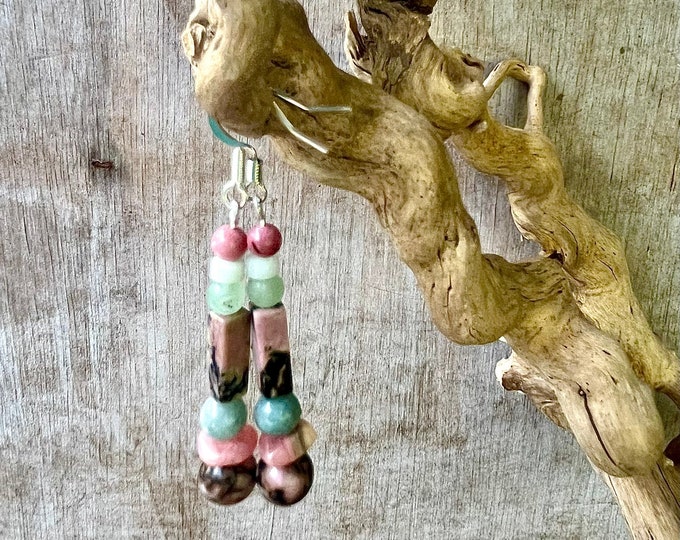 Rhodonite, Burmese Jade & Rhodochrosite Earrings