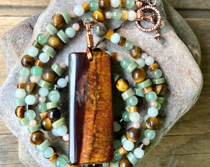 Gold Tiger Eye, Aventurine, Jasper & Quartz Crystal Necklace