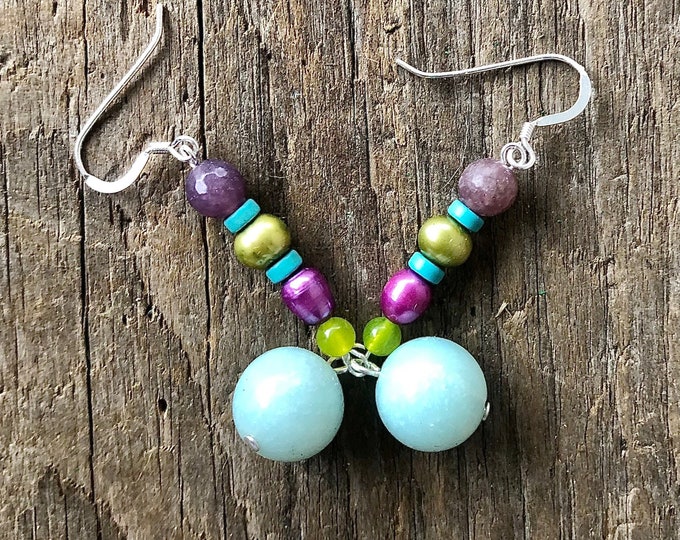 Peridot Turquoise Lepidolite Pearl & Amazonite Earrings - 2 inch