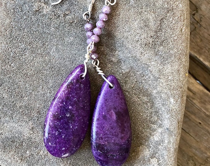 Lepidolite & Quartz Crystal Teardrop Earrings