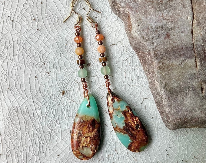 Green Jasper ,Aventurine & Copper Bornite Earrings