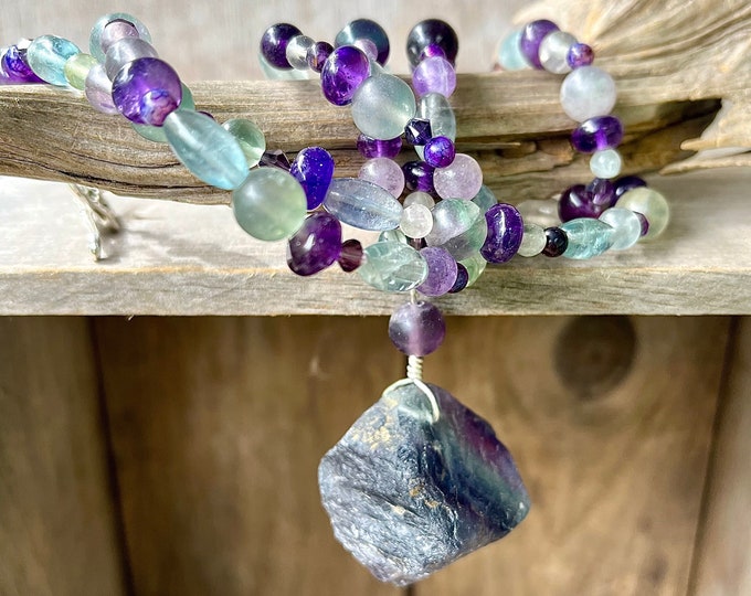 Fluorite, Quartz Crystal, & Amethyst Necklace - 31 inch