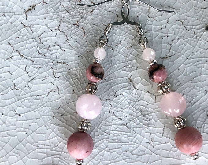 Rhodonite & Pink Rose Quartz Earrings - 2 inch