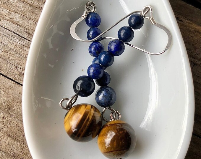 Lapis Lazuli & Tiger Eye Drop Earrings - 2.25 inch