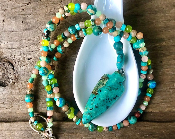 Turquoise Snakeskin Jasper Carnelian Quartz Crystal & Peridot Necklace - 27 inch