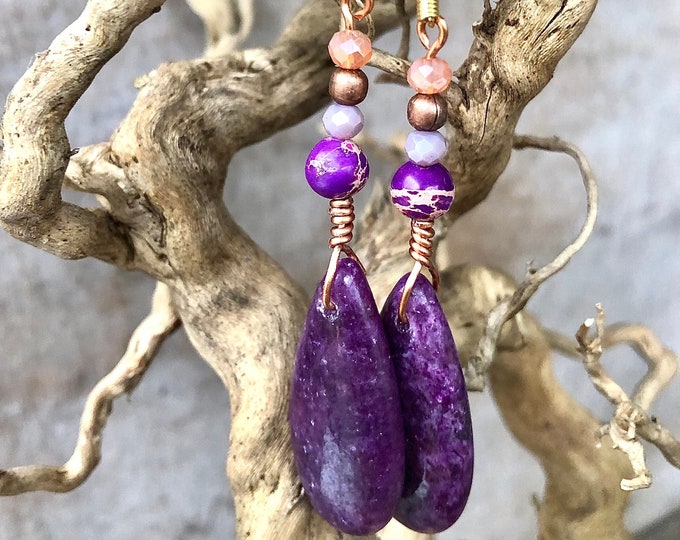 Ocean Jasper, Lepidolite, Quartz Crystal & Copper Earrings