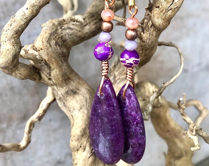 Ocean Jasper Lepidolite Quartz Crystal & Copper Earrings