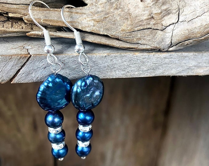 Dark Blue Freshwater Pearl Earrings -2 inch