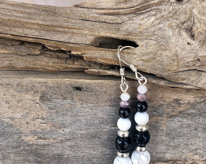 Black Onyx, Howlite & Quartz Crystal Earrings