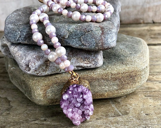 Freshwater Pearl Quartz Crystal & Agate Druzy Necklace, Boho Bridal Statement Jewelry, Bridesmaid Wife 25th Birthday Gift for Girlfriend