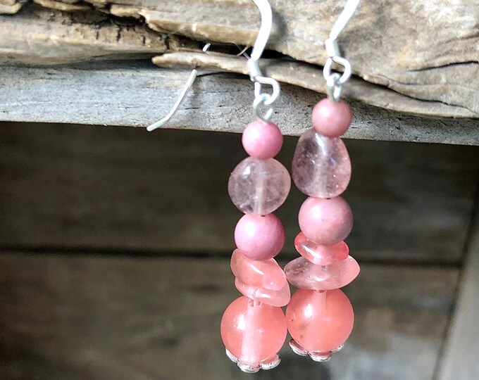 Pink Rhodochrosite & Cherry Quartz Earrings - 2 inch