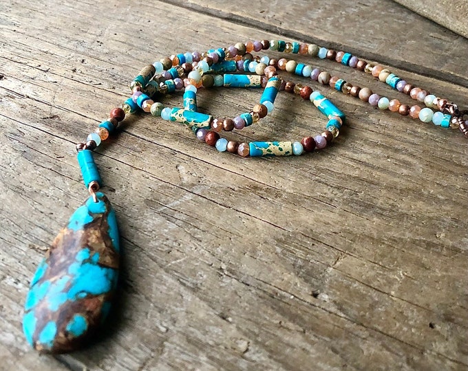 Turquoise Snakeskin Jasper, Copper Bornite, and Quartz Crystal Necklace