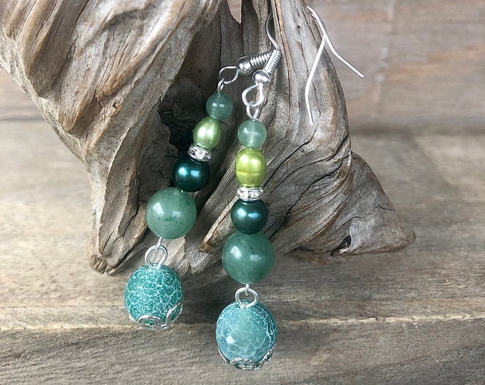 Green Agate Freshwater Pearl & Aventurine Earrings - 2 inch